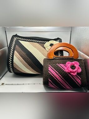Pair of Handmade crochet and wood purse Oaxaca Mexico